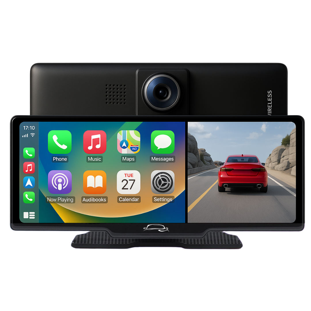 DriveView FlexScreen Pro with a split screen displaying a car's rear view camera feed on the left and a smartphone interface on the right, including icons for phone, music, maps, messages, and settings.