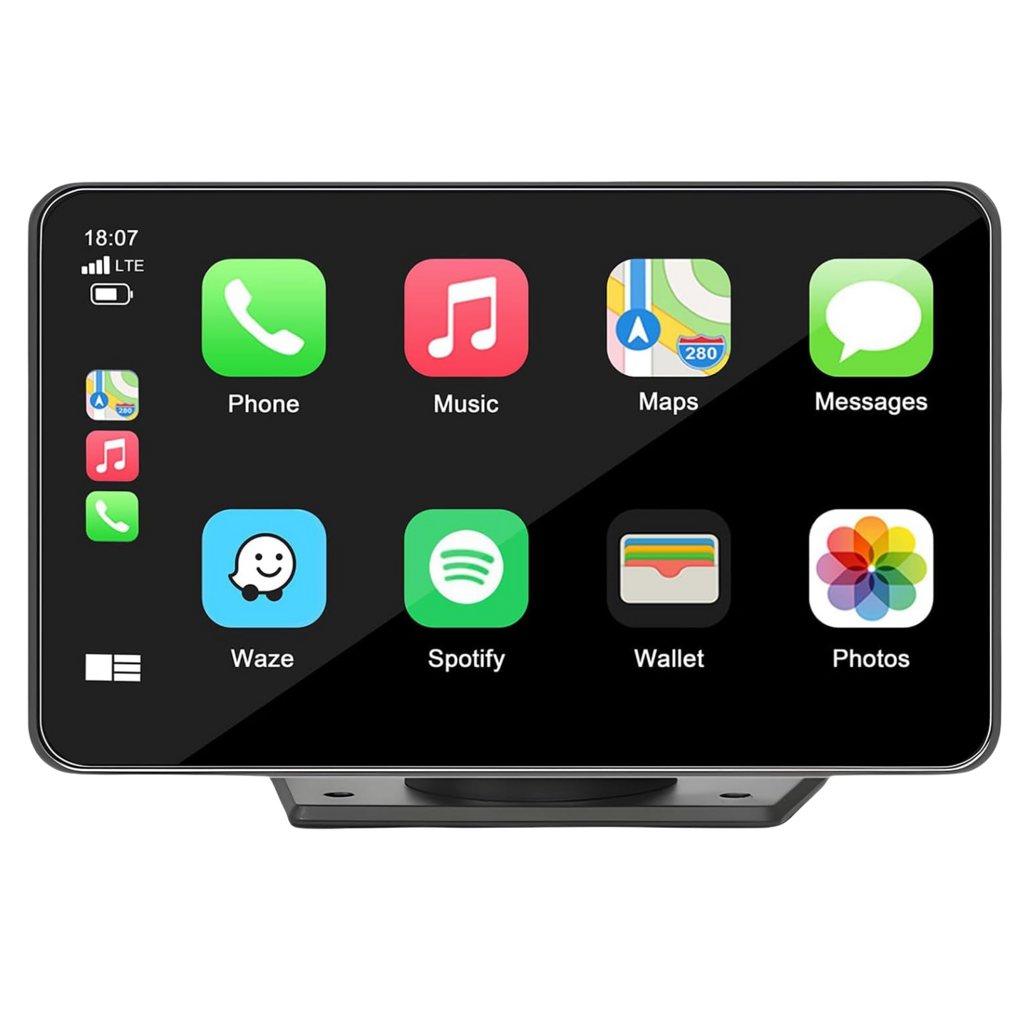 Car infotainment system with app icons on a white background