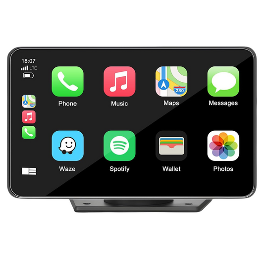 Car infotainment system with app icons on a white background